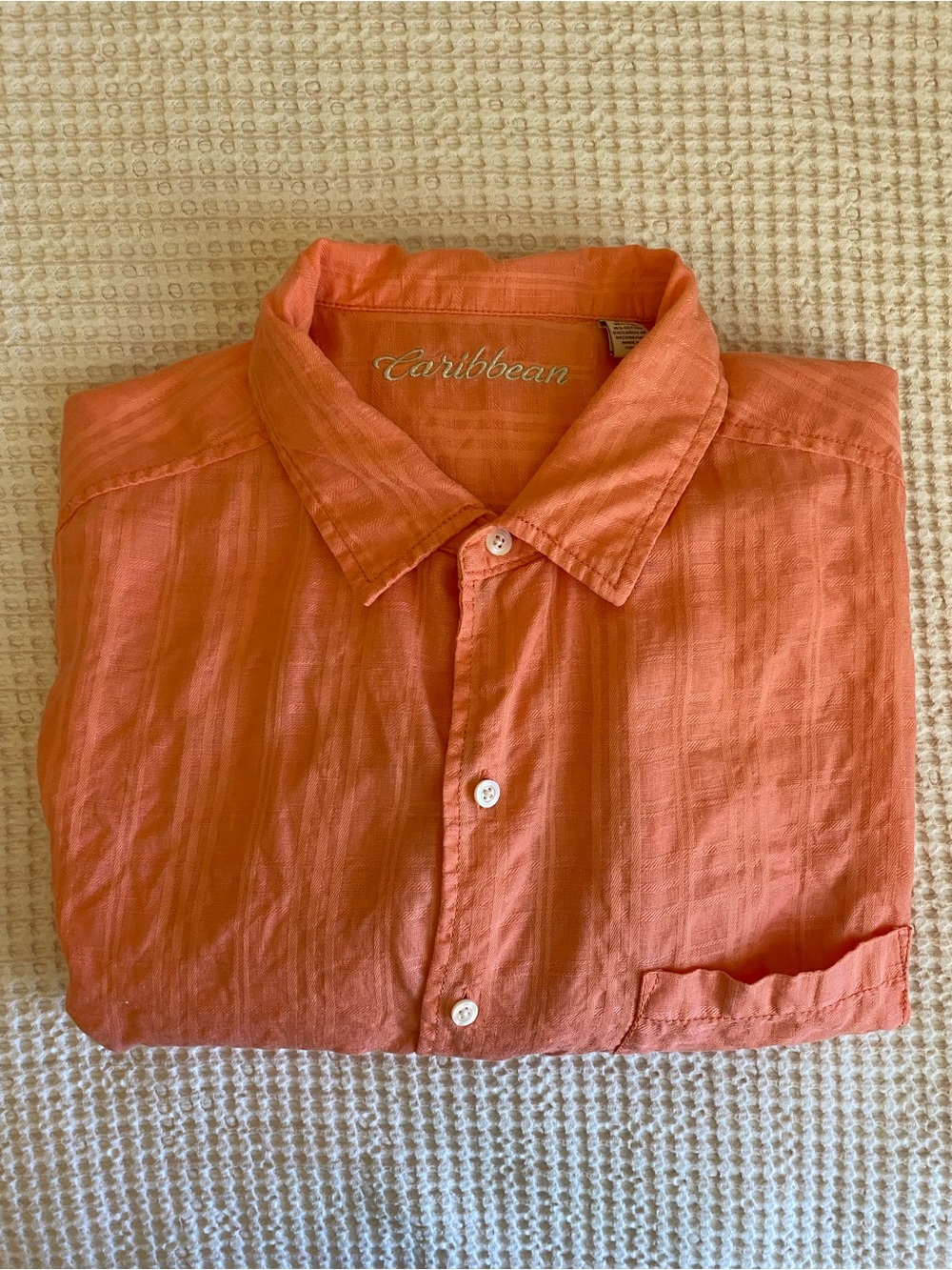 CARIBBEAN Cotton-Linen Blend Button Down Short Sleeve Shirt in Coral - 2XT